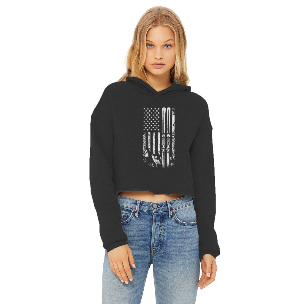 USA Ski Flag Ladies Cropped Raw Edge Hoodie - Powderaddicts