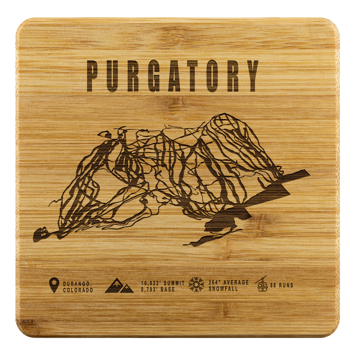 Purgatory Colorado Ski Trail Map Bamboo Coaster - Powderaddicts