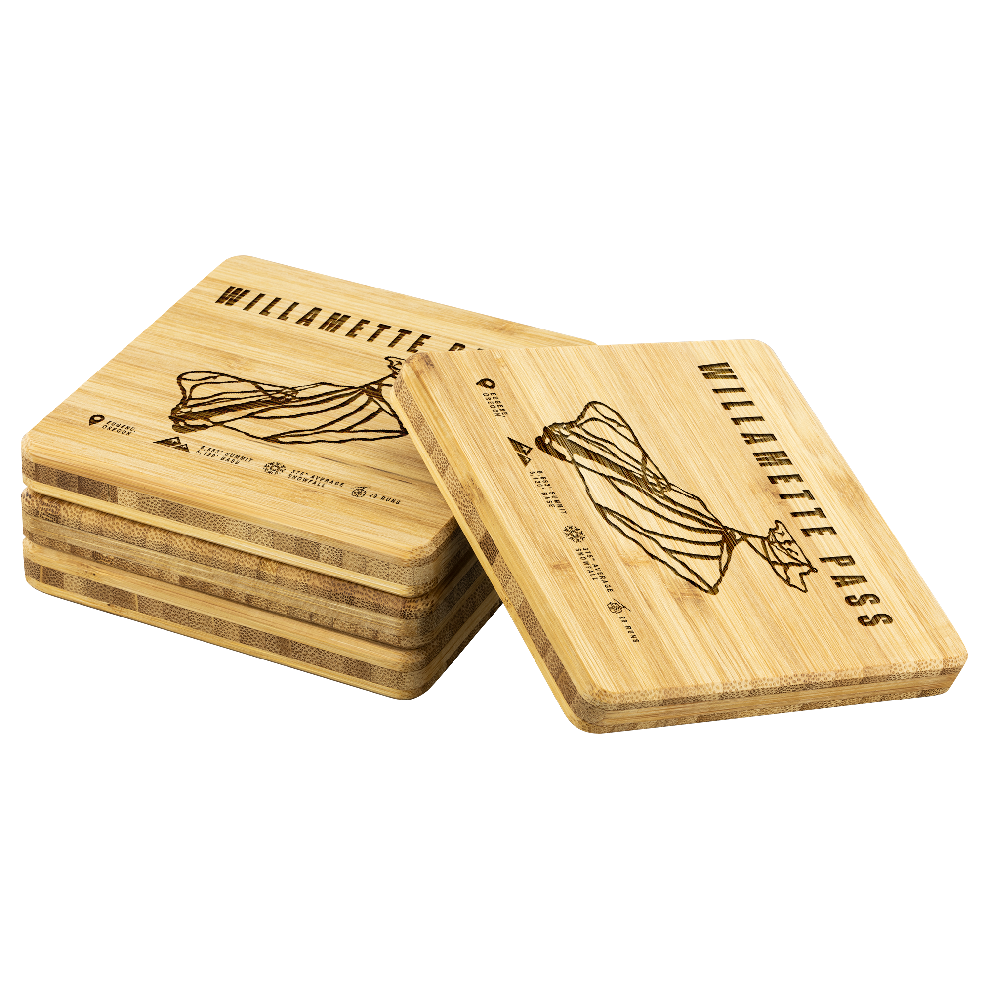 Willamette Pass, Oregon Ski Trail Map Bamboo Coaster - Powderaddicts