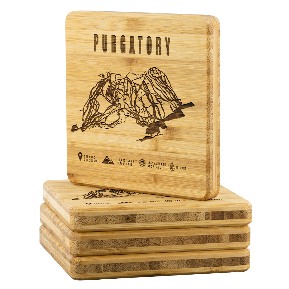 Purgatory Colorado Ski Trail Map Bamboo Coaster - Powderaddicts