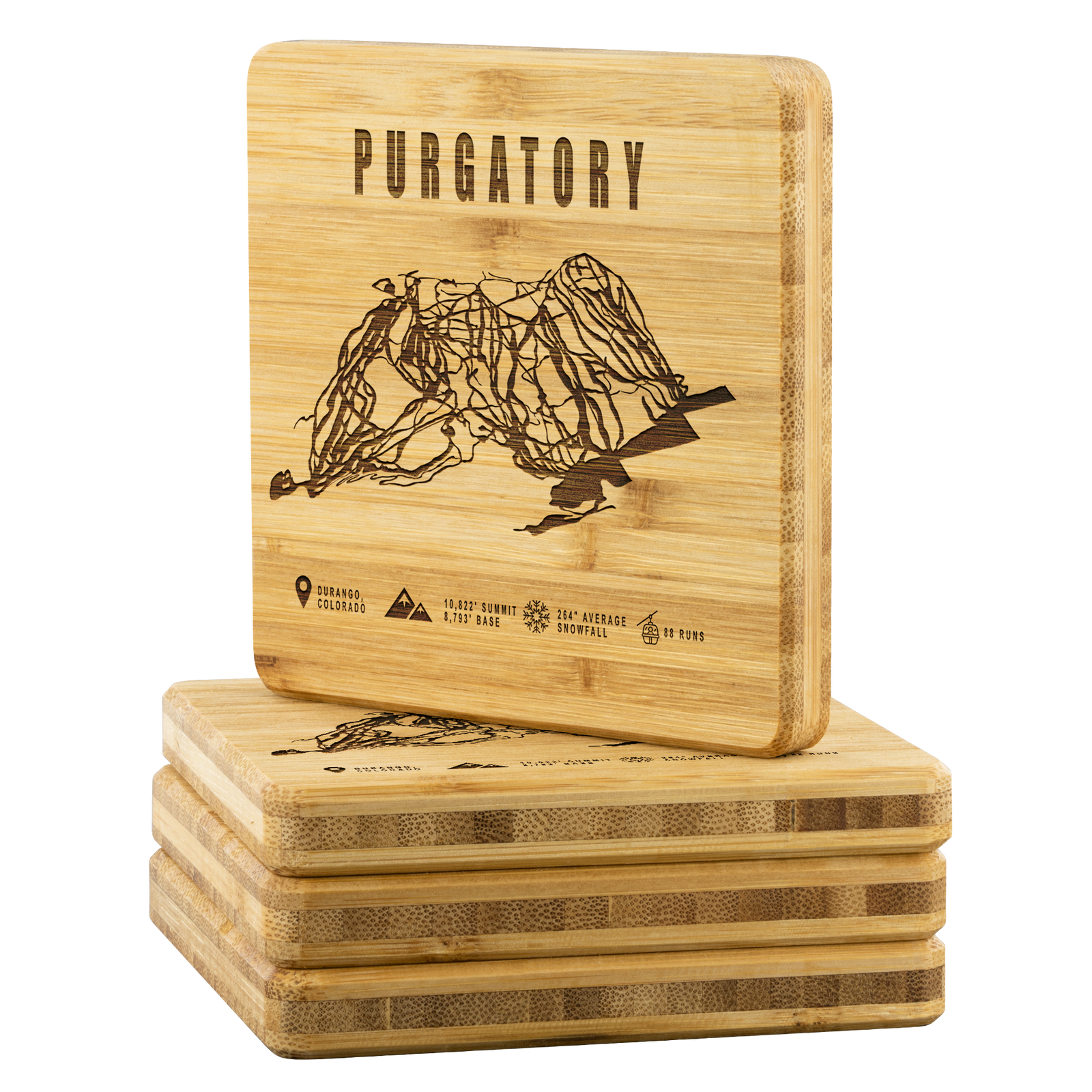 Purgatory Colorado Ski Trail Map Bamboo Coaster - Powderaddicts