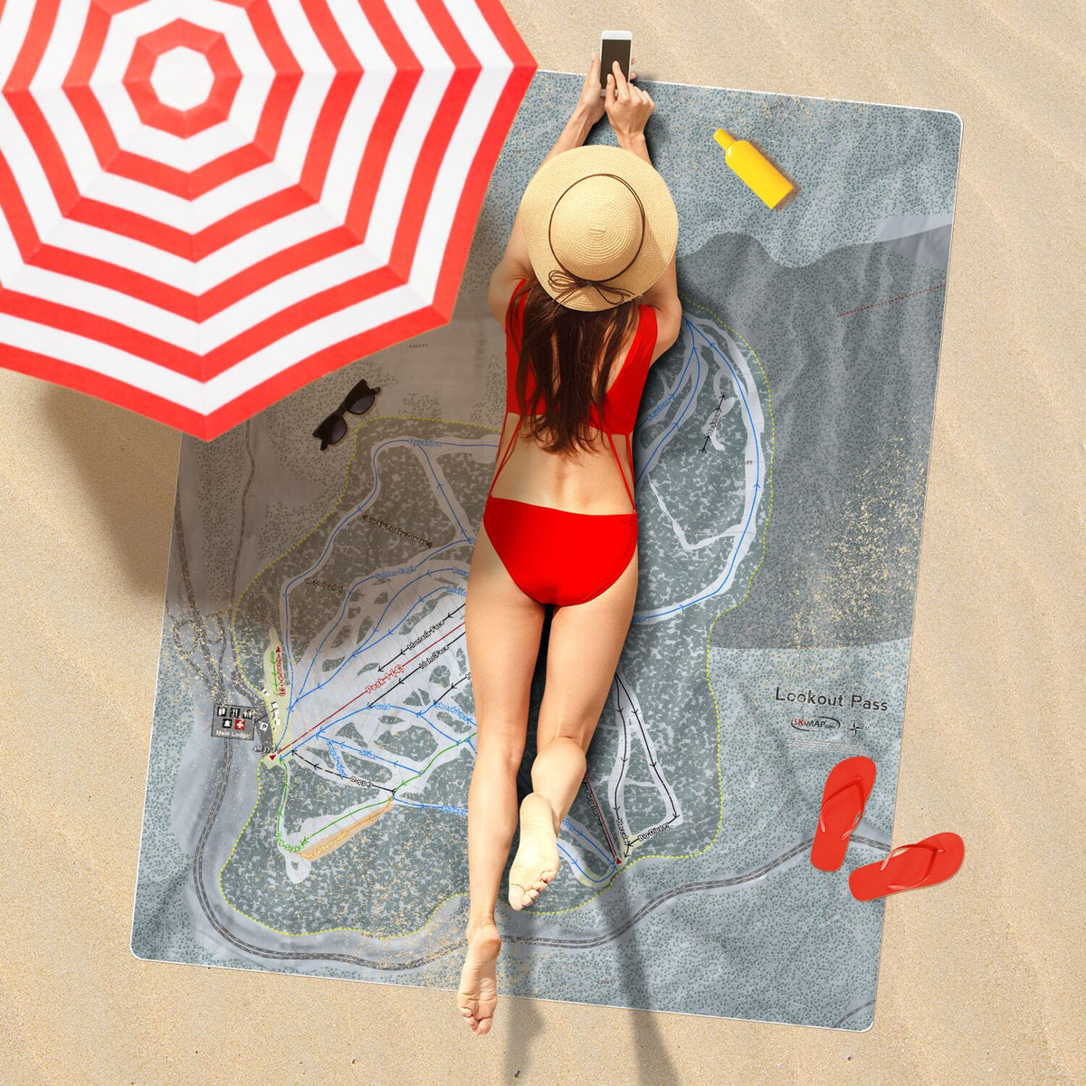 Lookout Pass, Idaho Ski Resort Map Printed Beach Towel - Powderaddicts