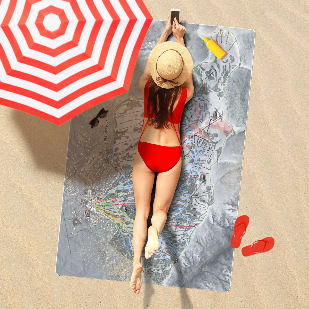 Jackson Hole, Wyoming Ski Resort Map Printed Beach Towel - Powderaddicts