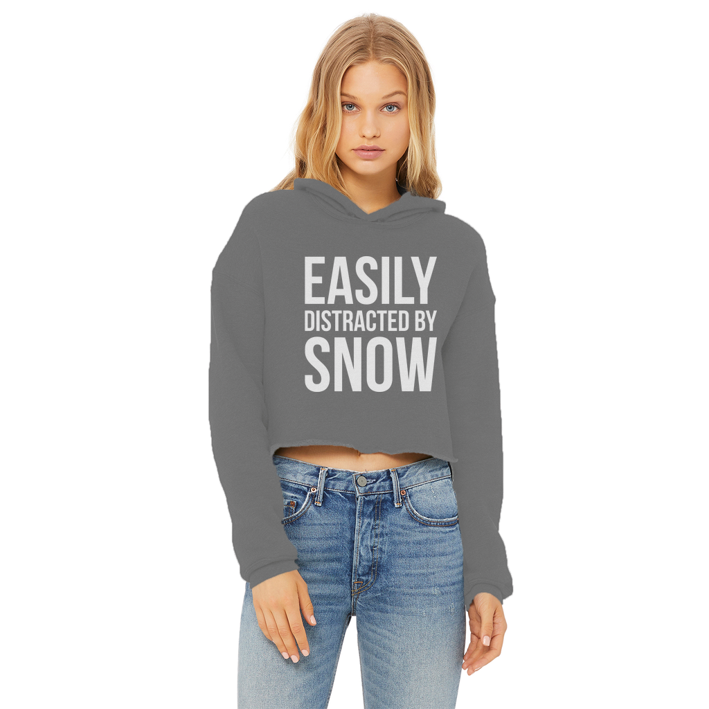 Easily Distracted By Snow Ladies Cropped Raw Edge Hoodie - Powderaddicts