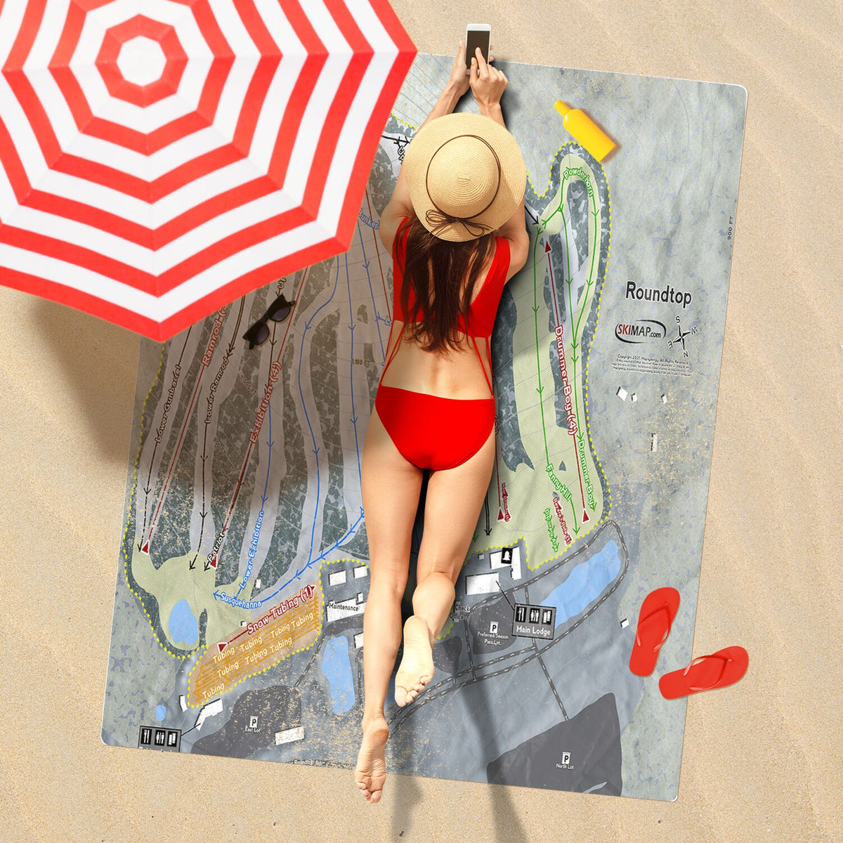 Roundtop, Pennsylvania Ski Resort Map Printed Beach Towel - Powderaddicts