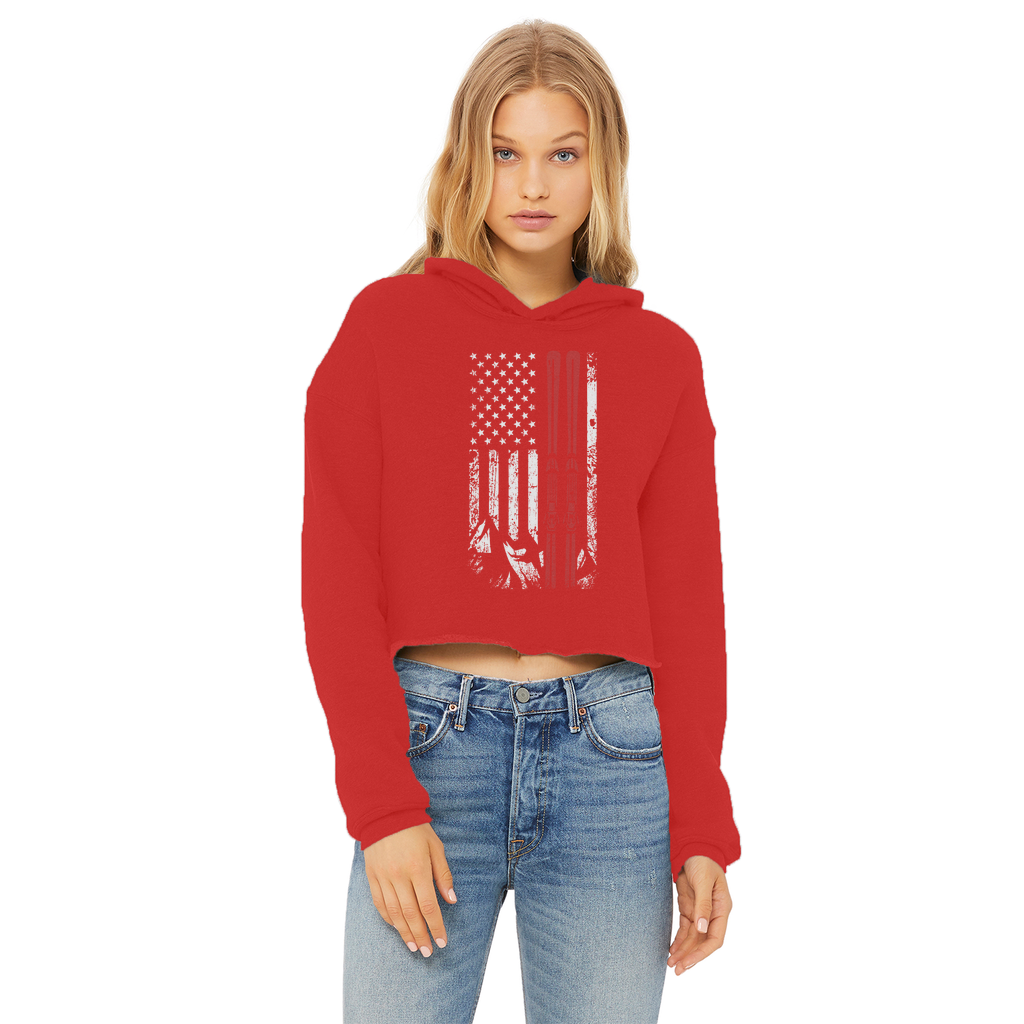 USA Flag - Ski - Thin Red Line Ladies Cropped Raw Edge Hoodie - Powderaddicts