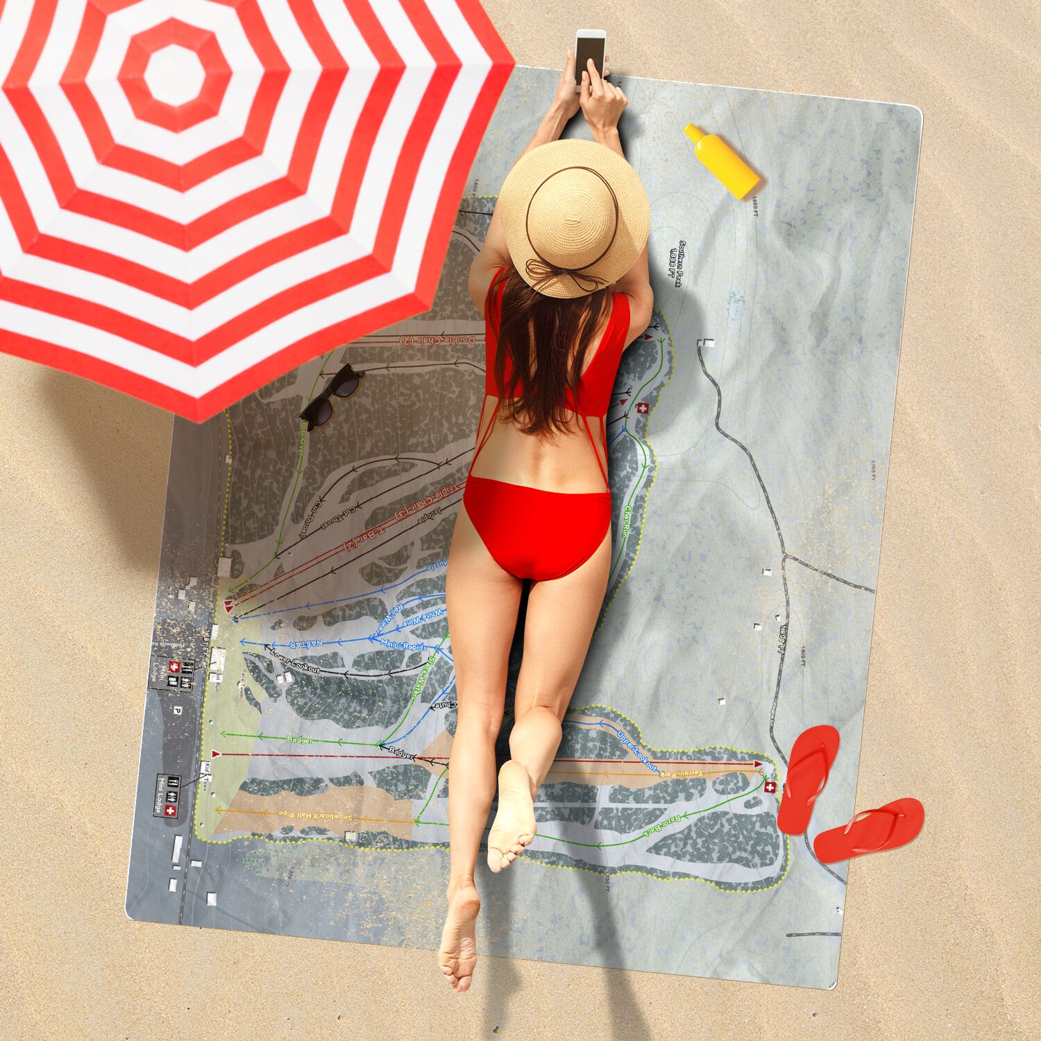 Labrador Mountain, New York Ski Resort Map Printed Beach Towel - Powderaddicts