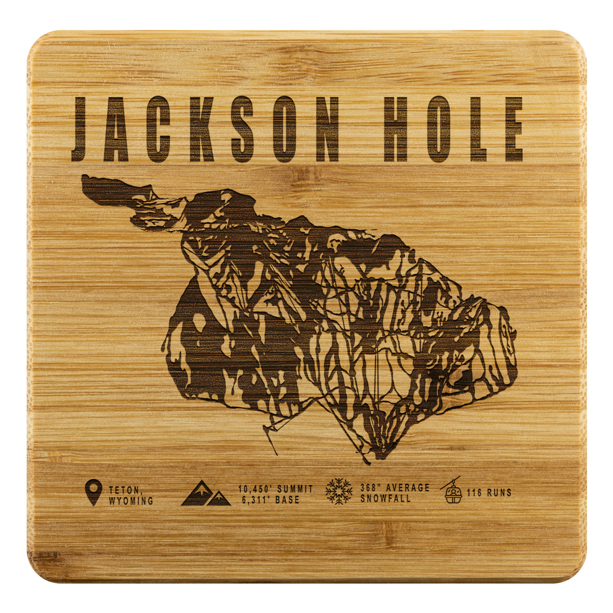 Jackson Hole Wyoming Ski Trail Map Bamboo Coaster - Powderaddicts