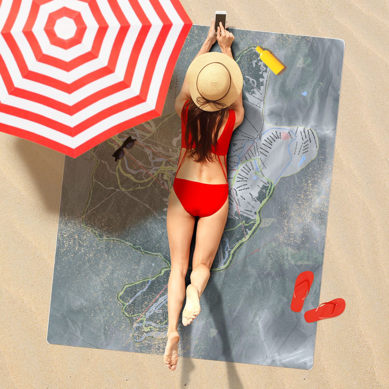 Lake Louise, Alberta Ski Resort Map Printed Beach Towel - Powderaddicts