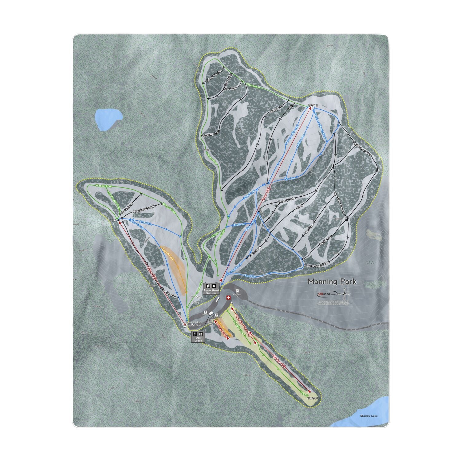 Manning Park, British Columbia Ski Resort Map Printed Beach Towel - Powderaddicts