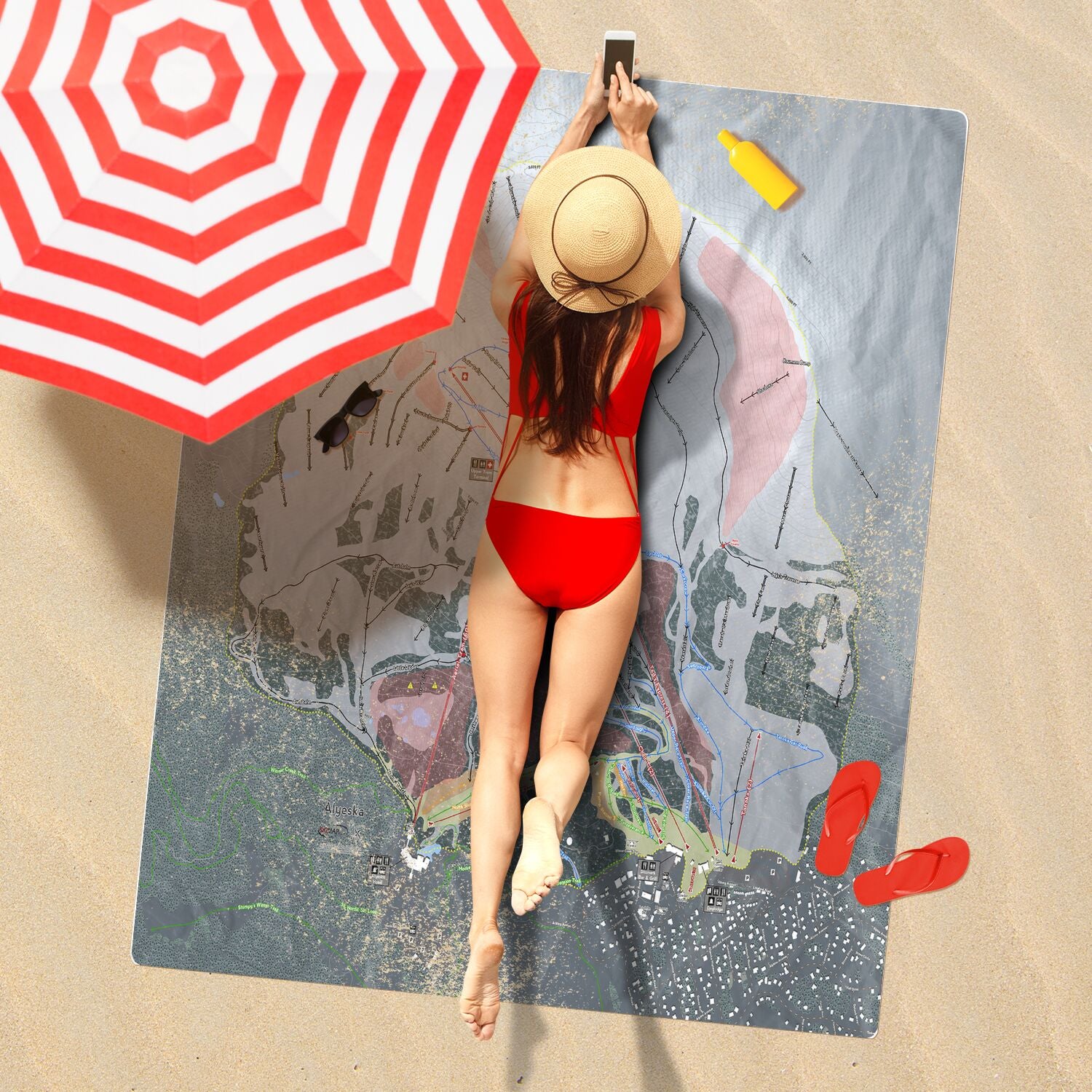 Alyeska, Alaska Ski Resort Map Printed Beach Towel - Powderaddicts