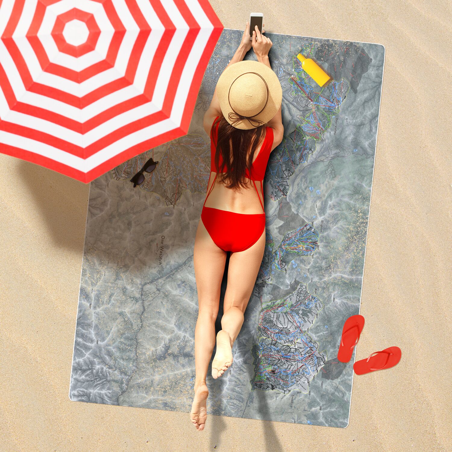 One Wasatch, Utah Ski Resort Map Printed Beach Towel - Powderaddicts