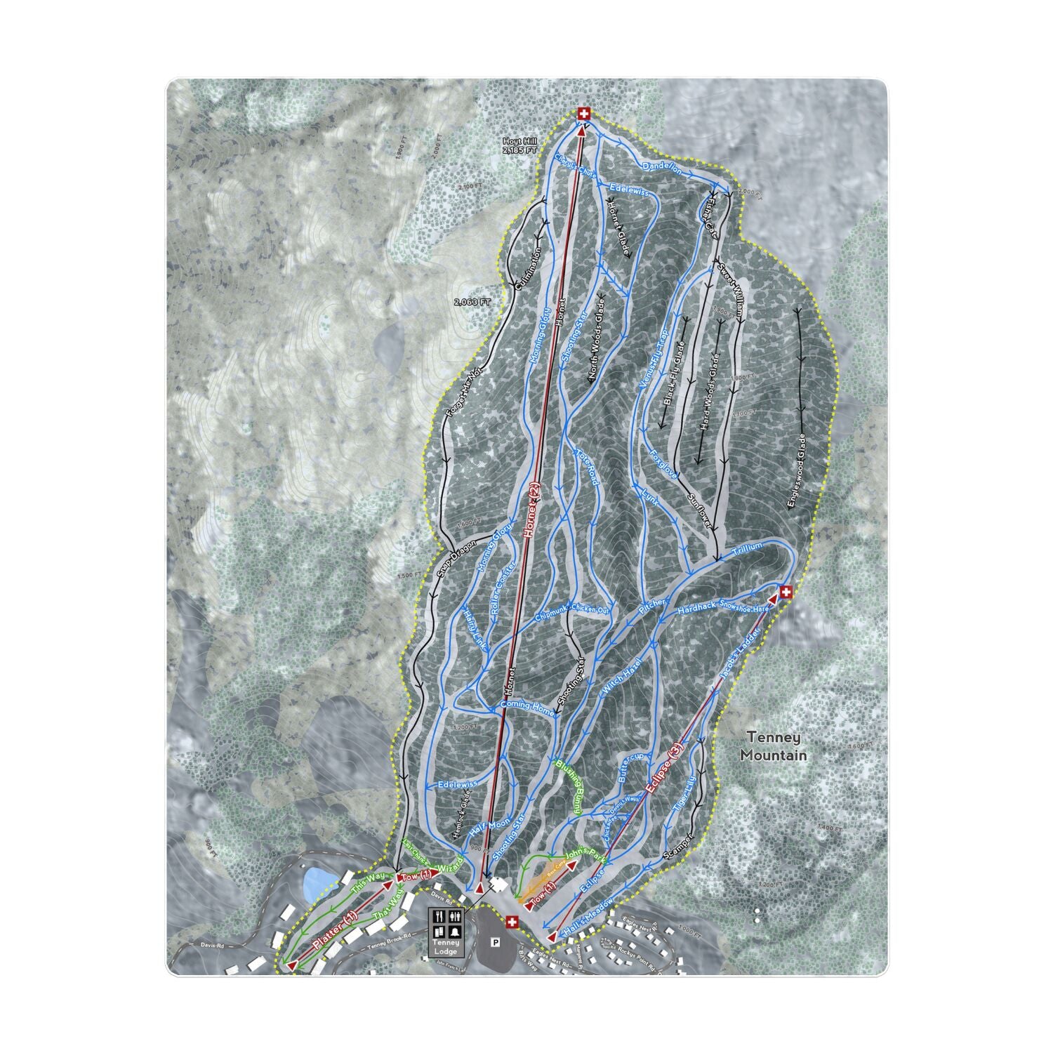 Tenney Mountain, New Hampshire Ski Resort Map Printed Beach Towel - Powderaddicts