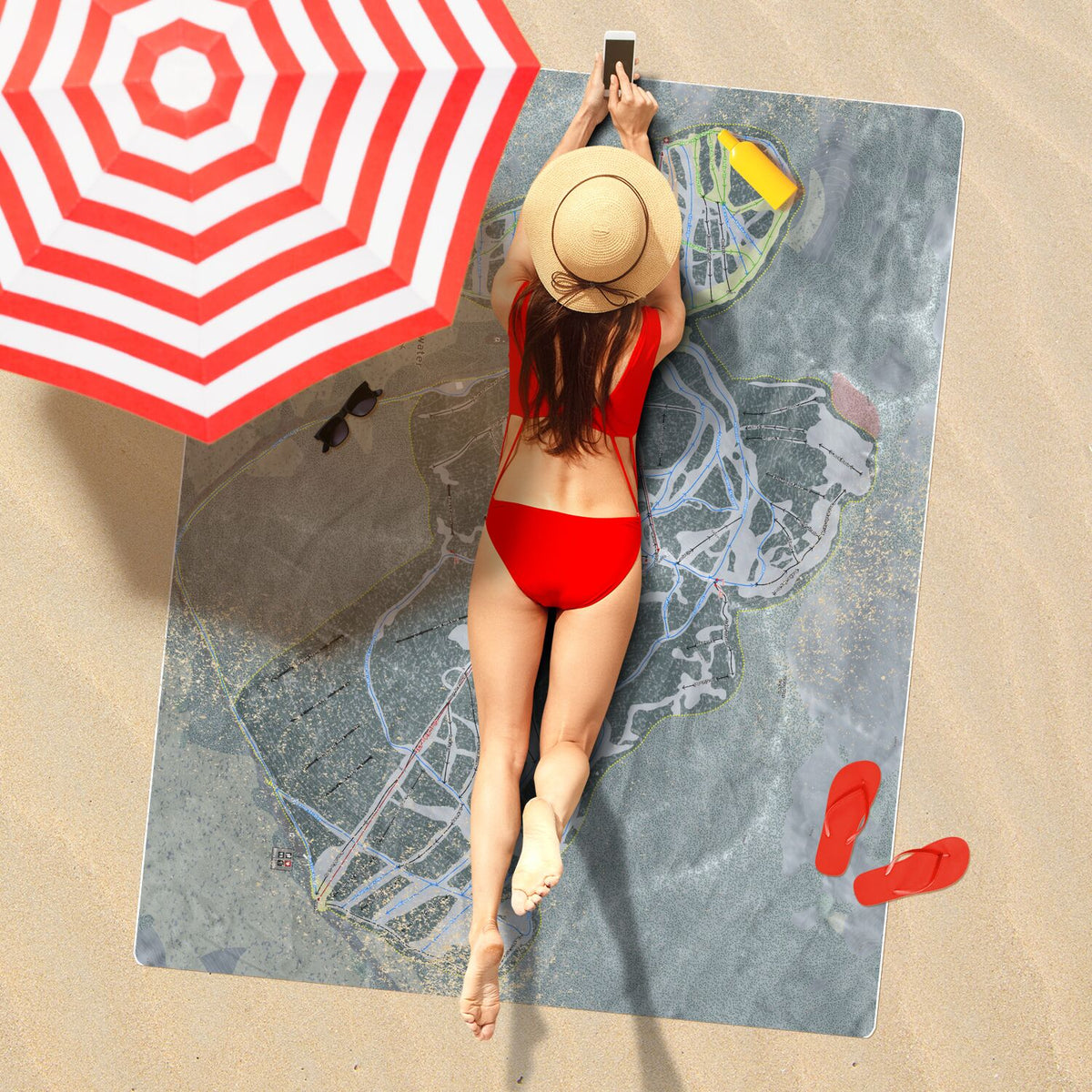 Whitewater, British Columbia Ski Resort Map Printed Beach Towel - Powderaddicts