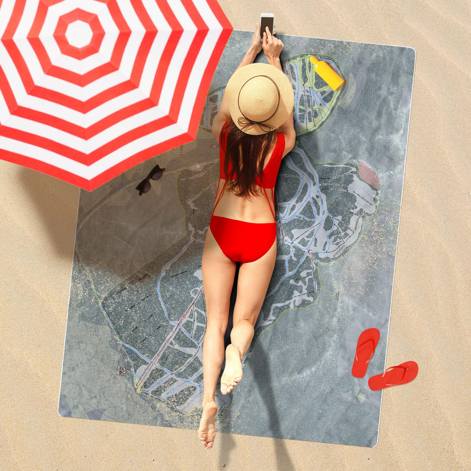 Whitewater, British Columbia Ski Resort Map Printed Beach Towel - Powderaddicts