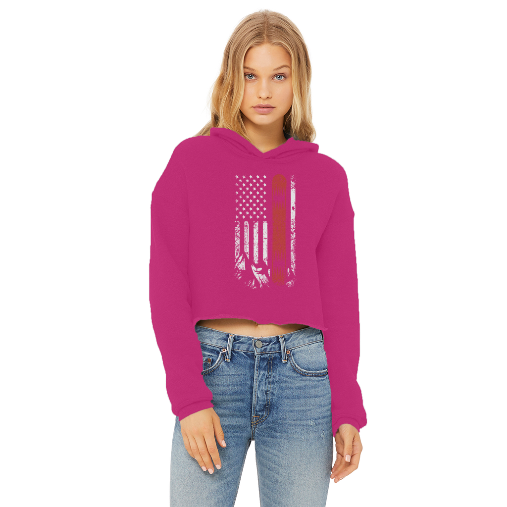 USA Snowboard Flag Thin Red Line Ladies Cropped Raw Edge Hoodie - Powderaddicts