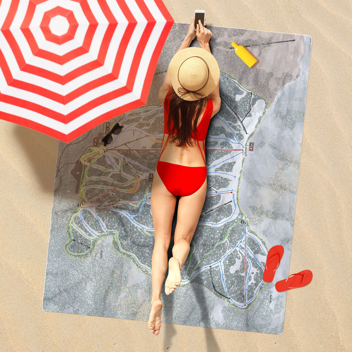 Brundage, Idaho Ski Resort Map Printed Beach Towel - Powderaddicts