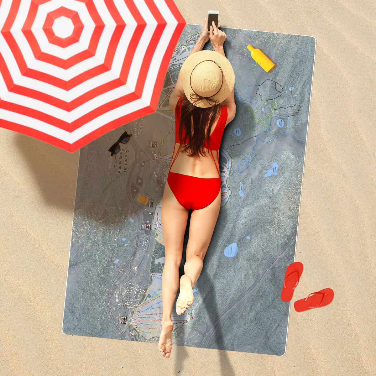 Summit At Snoqualmie, Washington Ski Resort Map Printed Beach Towel - Powderaddicts