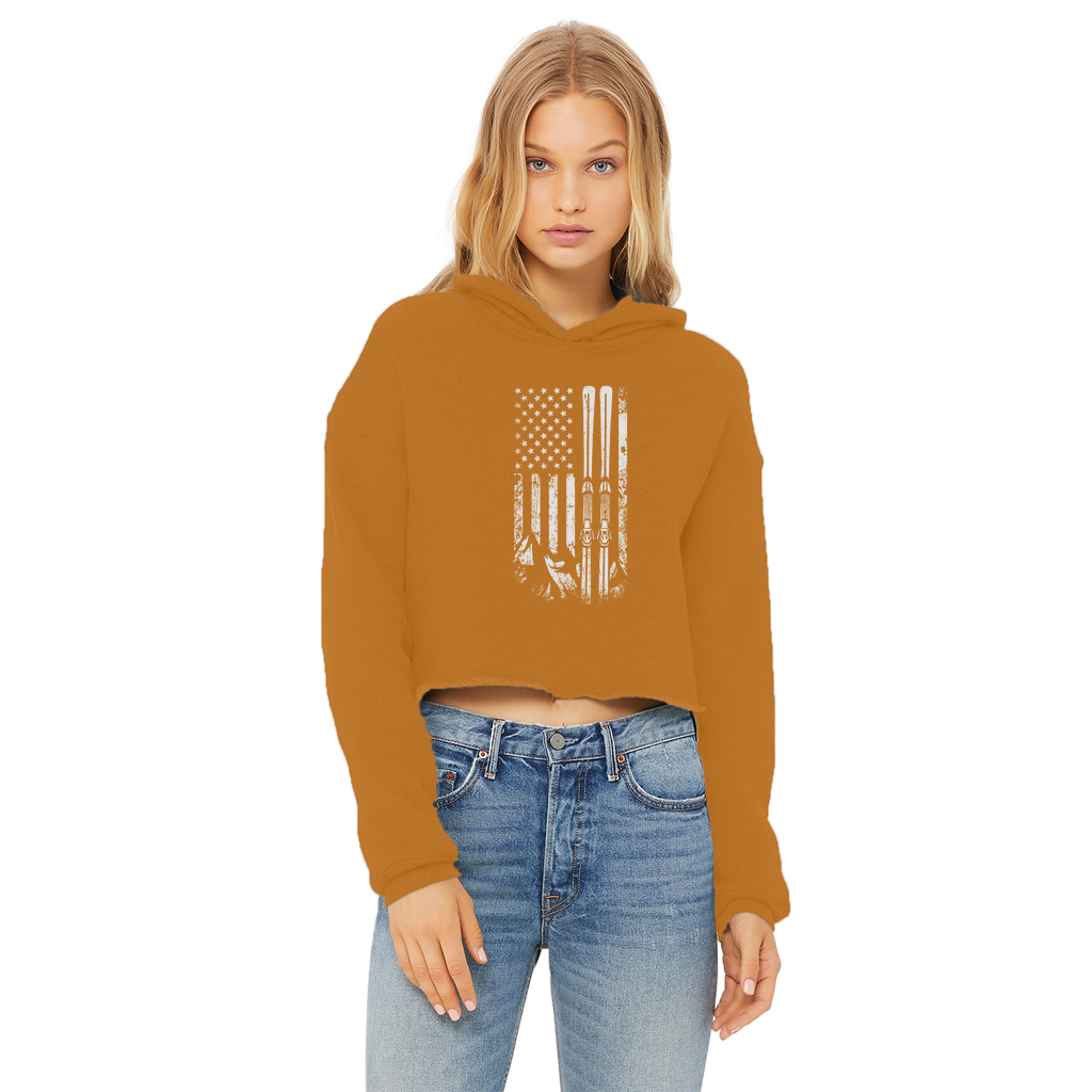 USA Ski Flag Ladies Cropped Raw Edge Hoodie - Powderaddicts