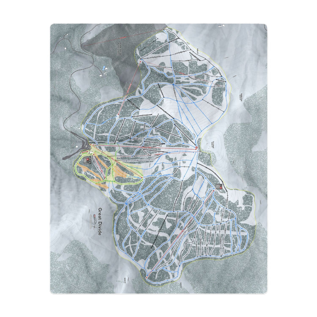 Great Divide, Montana Ski Resort Map Printed Beach Towel - Powderaddicts