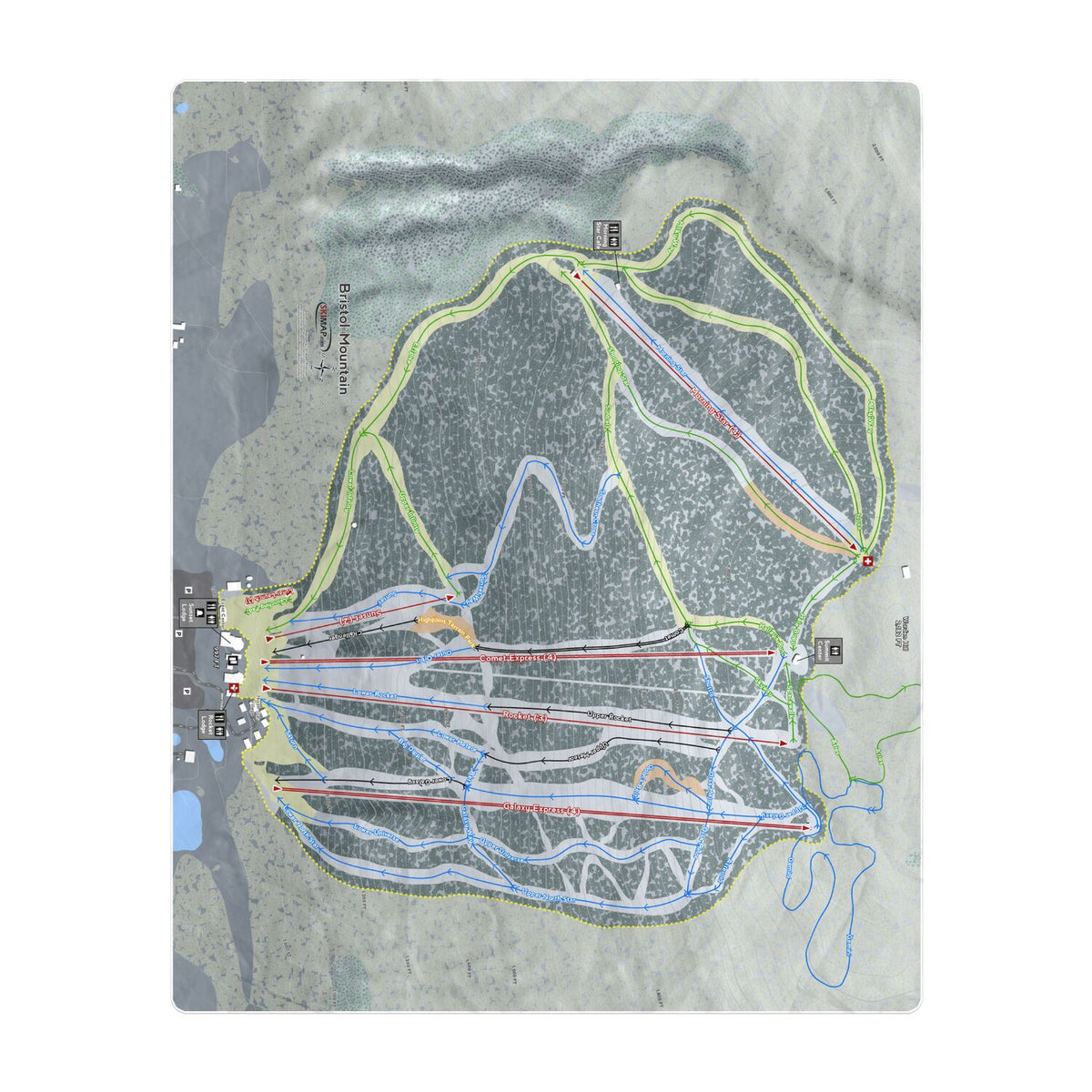 Bristol Mountain, New York Ski Resort Map Printed Beach Towel - Powderaddicts