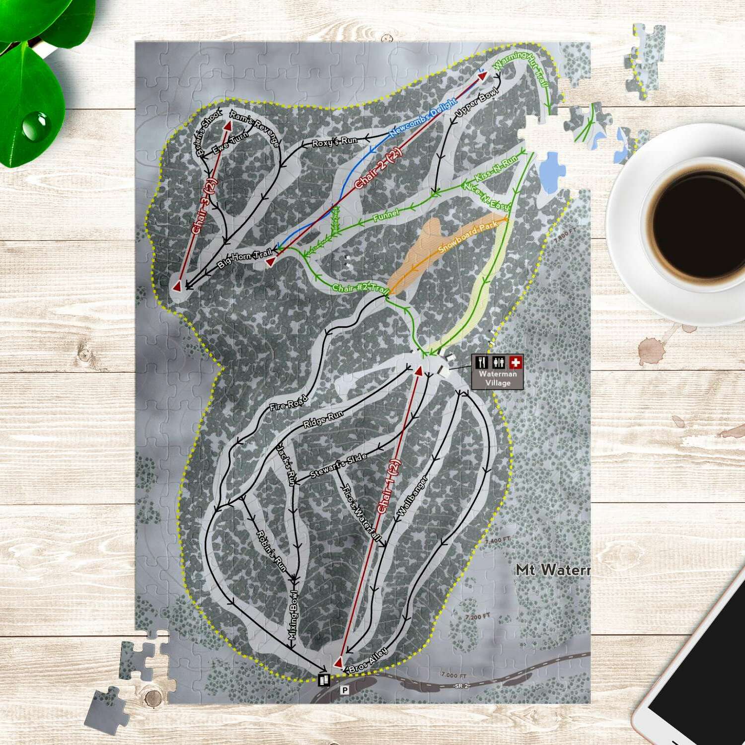 Mt. Waterman, California Ski Trail Map Puzzle - Powderaddicts