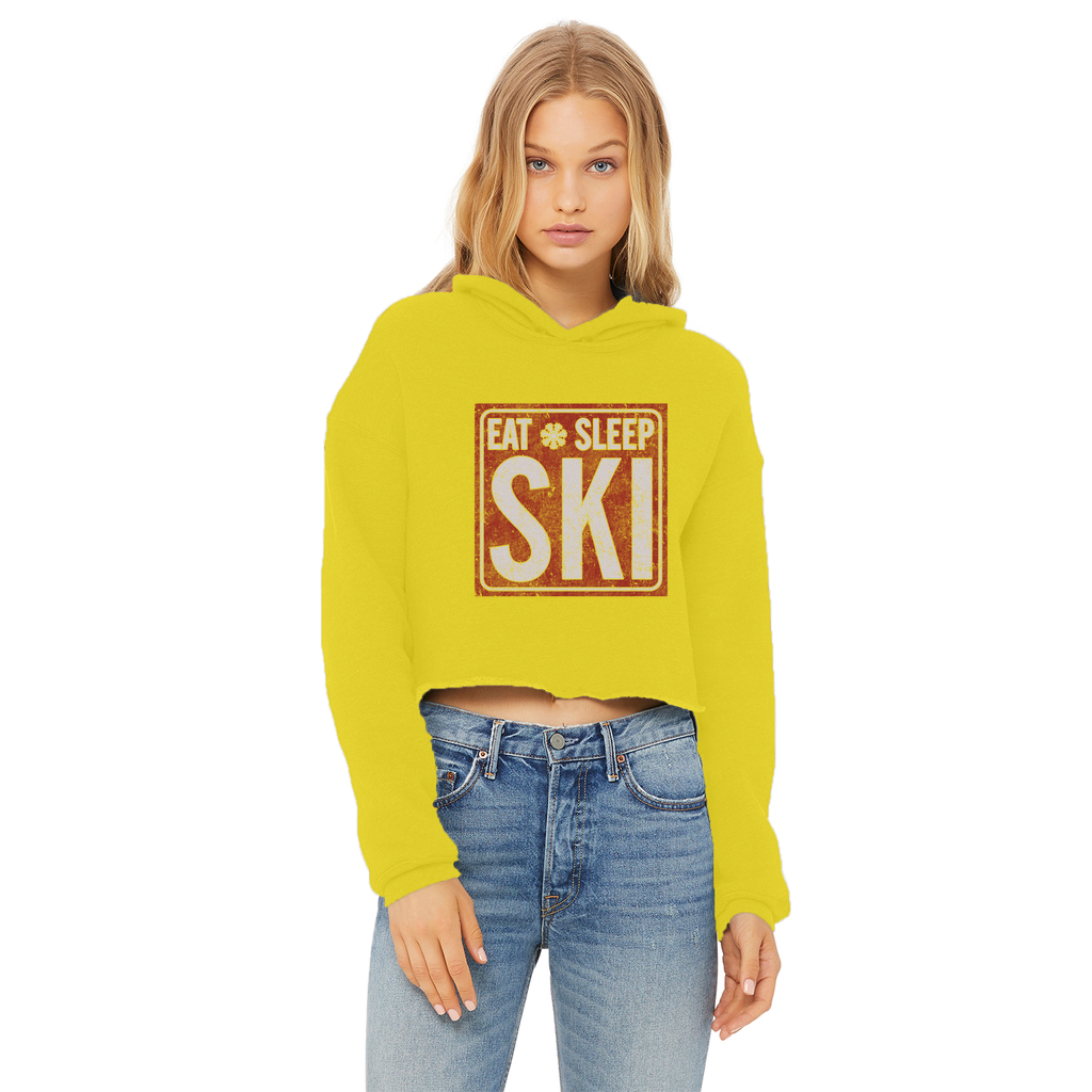 Eat Sleep Ski Ladies Cropped Raw Edge Hoodie - Powderaddicts