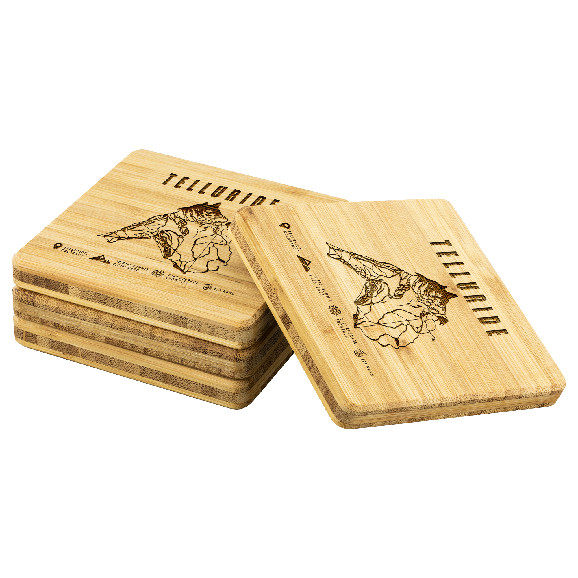 Telluride Colorado Ski Trail Map Bamboo Coaster - Powderaddicts