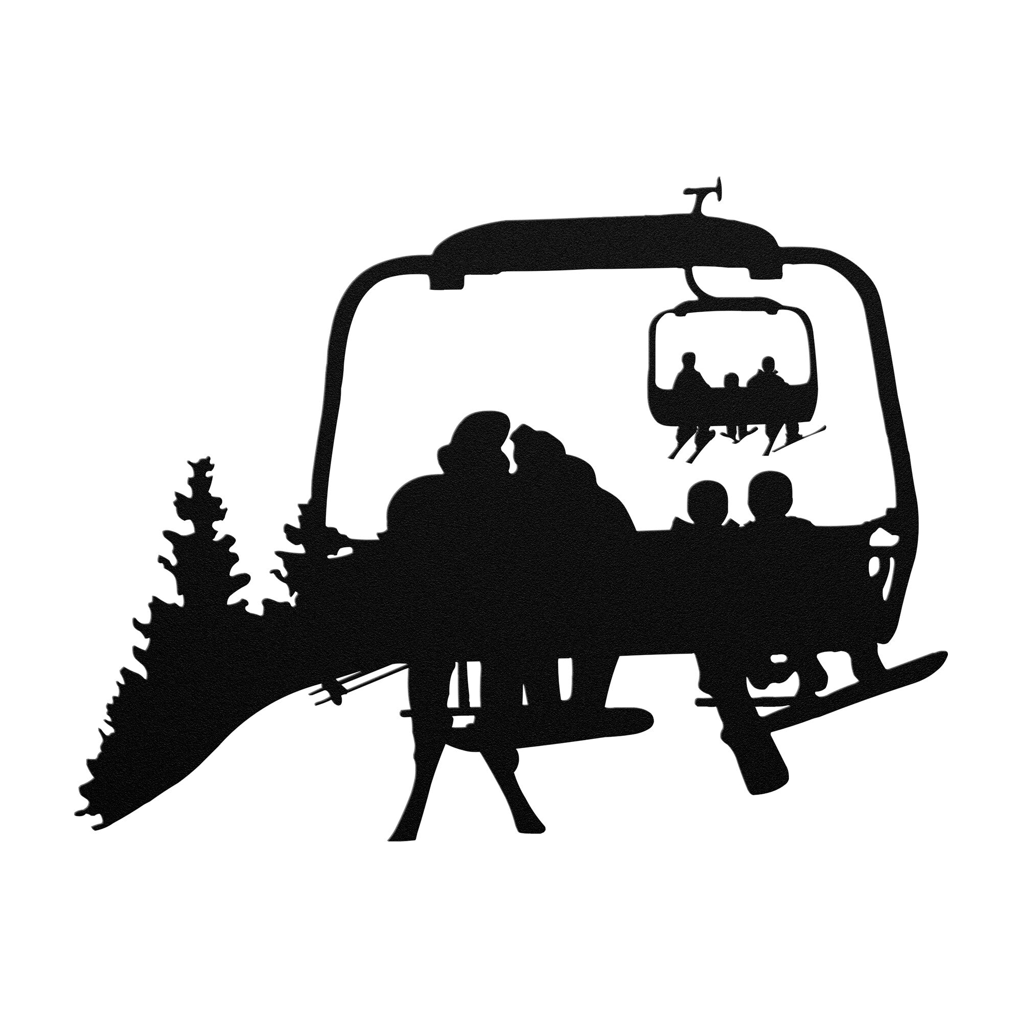 PERSONALIZED CHAIRLIFT SKI & SNOWBOARD FAMILY METAL WALL ART, 1 SKIING DAD, 1 SNOWBOARDING MOM, 2 SNOWBOARDING CHILDREN (🇺🇸 MADE IN THE USA)