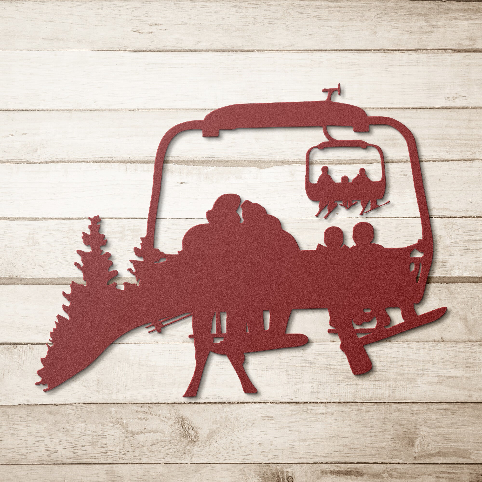 PERSONALIZED CHAIRLIFT SKI & SNOWBOARD FAMILY METAL WALL ART, 1 SKIING DAD, 1 SNOWBOARDING MOM, 2 SNOWBOARDING CHILDREN (🇺🇸 MADE IN THE USA)