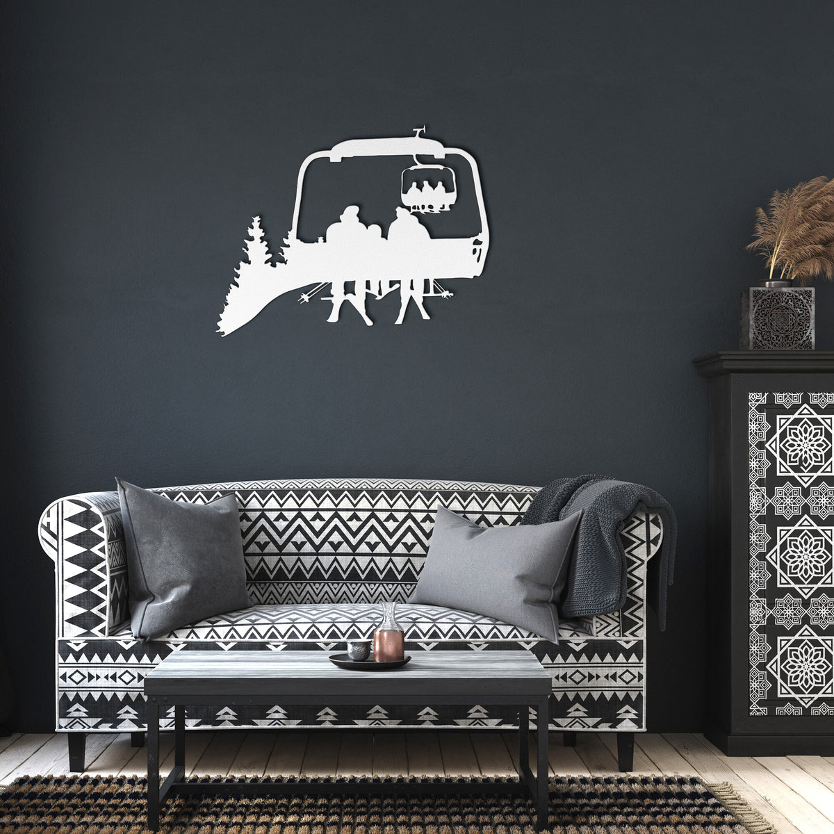 PERSONALIZED CHAIRLIFT SKIING FAMILY METAL WALL ART, 2 SKIING PARENTS, 1 SKIING CHILD (🇺🇸 MADE IN THE USA)