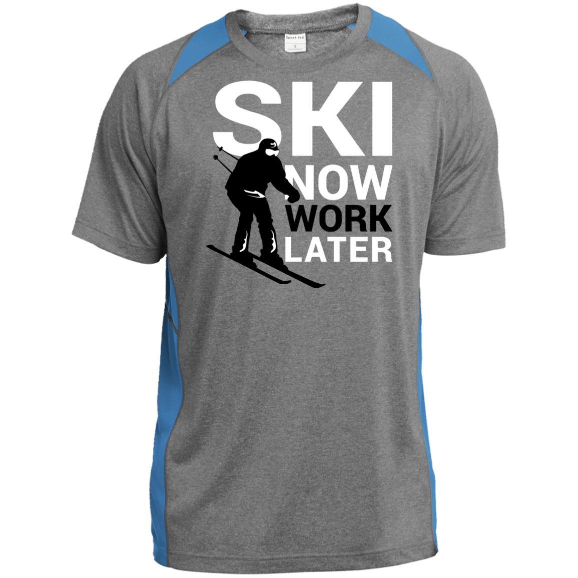 Ski Now Work Later Sport-Tek Heather Colorblock Poly T-Shirt - Powderaddicts