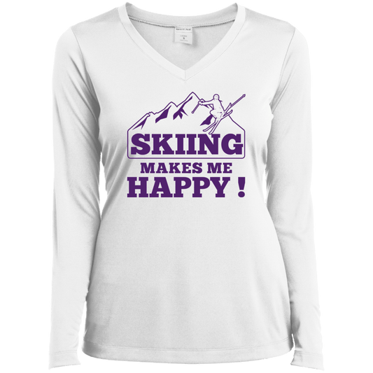 Skiing Makes Me Happy Purple Sport-Tek Ladies' LS Performance V-Neck T-Shirt - Powderaddicts