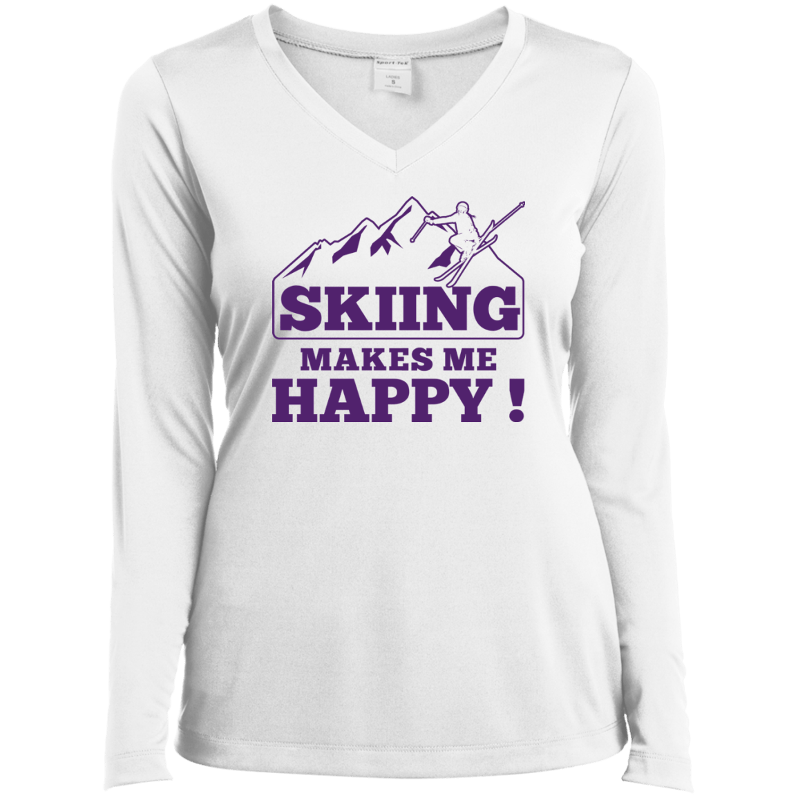 Skiing Makes Me Happy Purple Sport-Tek Ladies' LS Performance V-Neck T-Shirt - Powderaddicts