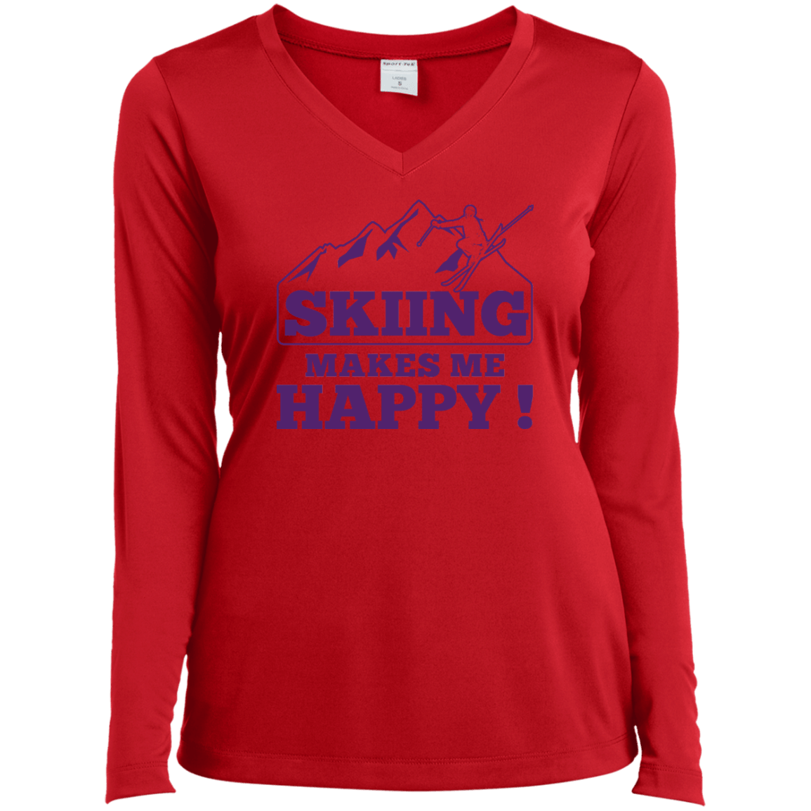 Skiing Makes Me Happy Purple Sport-Tek Ladies' LS Performance V-Neck T-Shirt - Powderaddicts