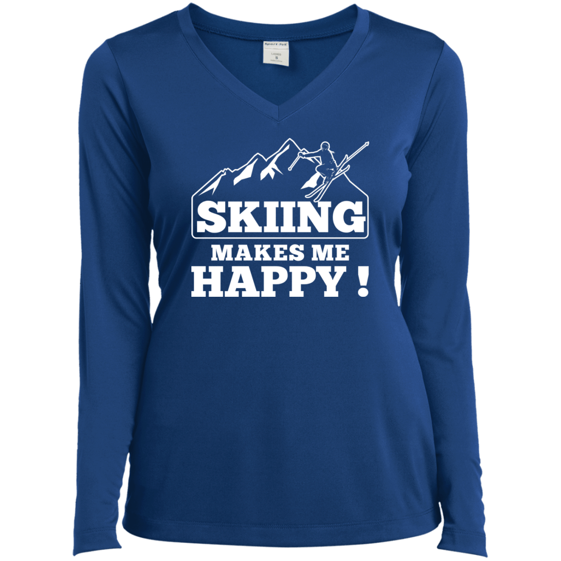 Skiing Makes Me Happy White Sport-Tek Ladies' LS Performance V-Neck T-Shirt - Powderaddicts