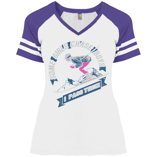 SOME GIRLS CHASE BOYS I PASS THEM (SKI) DM476 Ladies' Game V-Neck T-Shirt - Powderaddicts