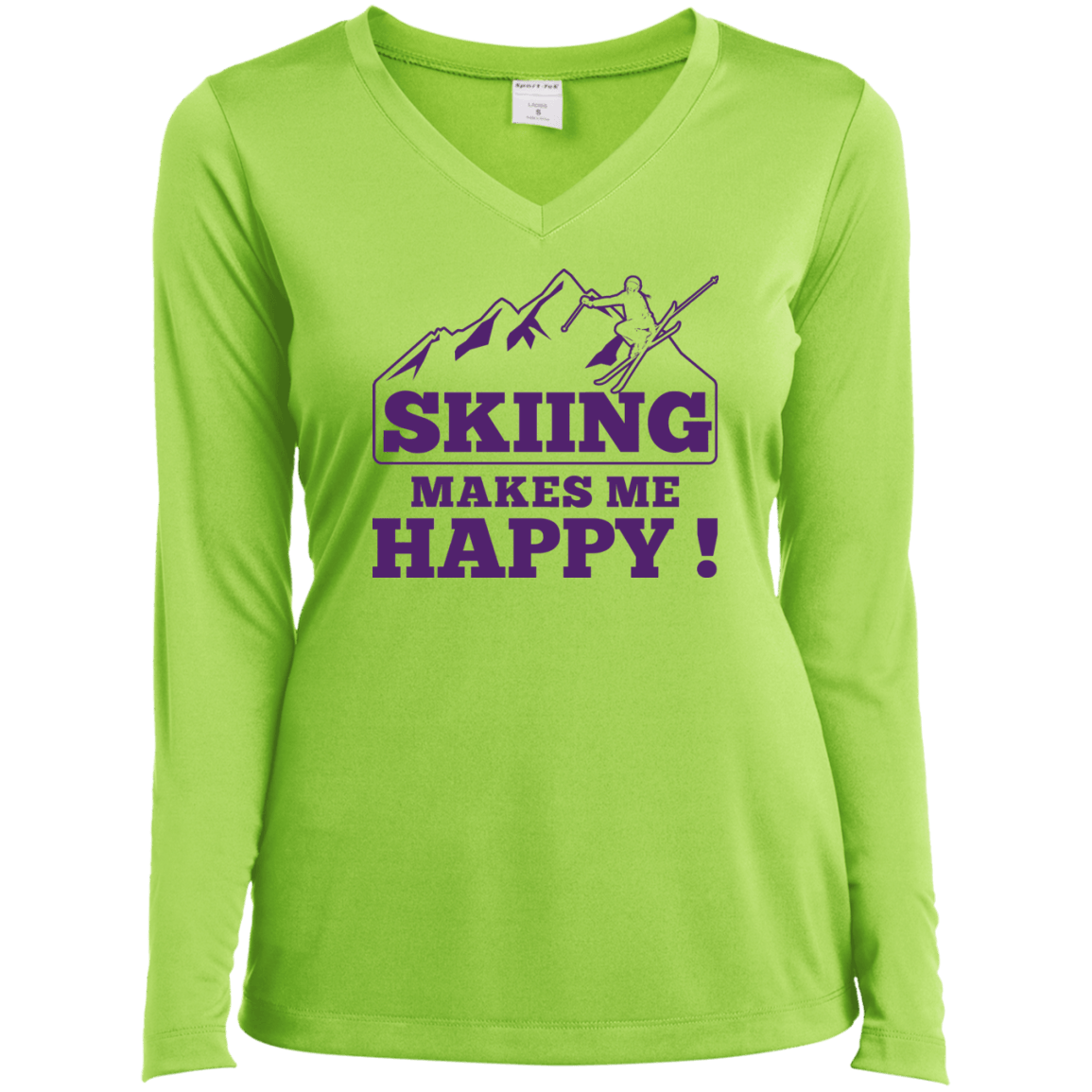Skiing Makes Me Happy Purple Sport-Tek Ladies' LS Performance V-Neck T-Shirt - Powderaddicts