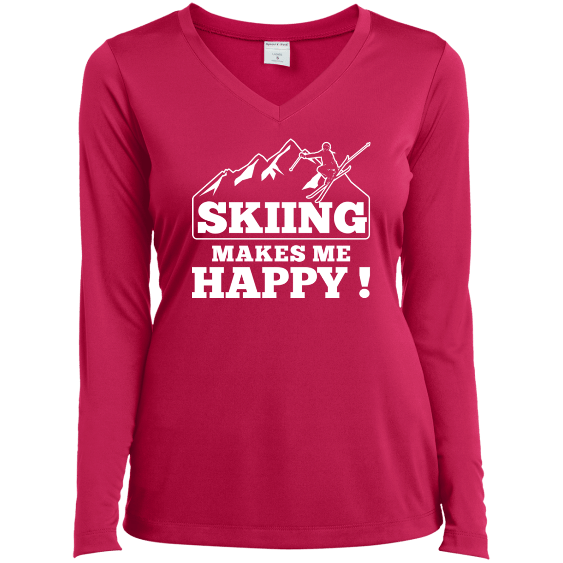 Skiing Makes Me Happy White Sport-Tek Ladies' LS Performance V-Neck T-Shirt - Powderaddicts