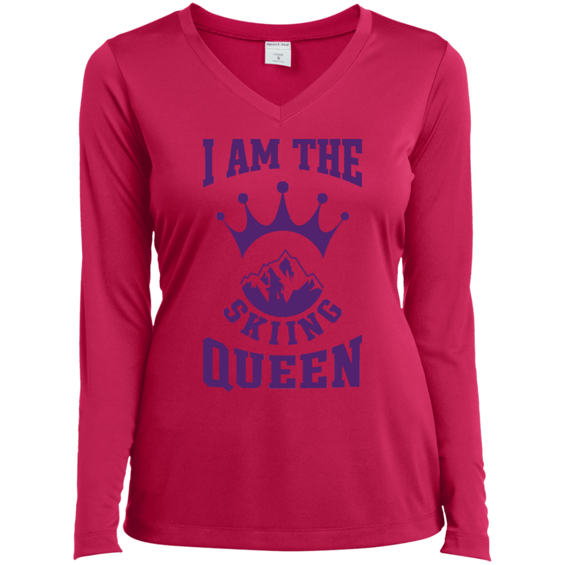 I Am The Skiing Queen Purple Sport-Tek Ladies' LS Performance V-Neck T-Shirt - Powderaddicts