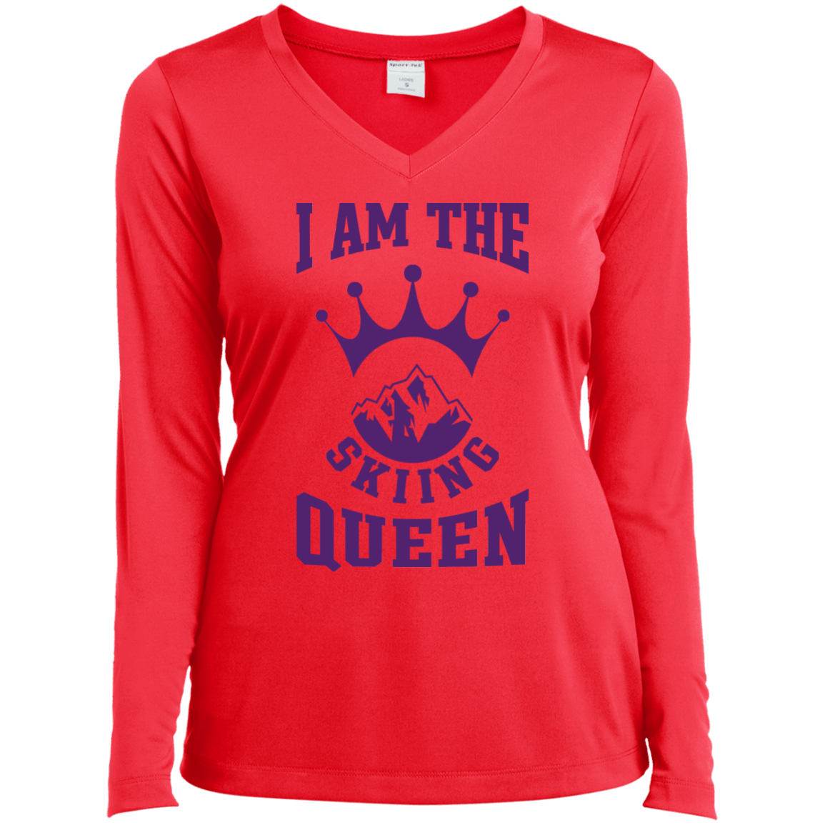 I Am The Skiing Queen Purple Sport-Tek Ladies' LS Performance V-Neck T-Shirt - Powderaddicts