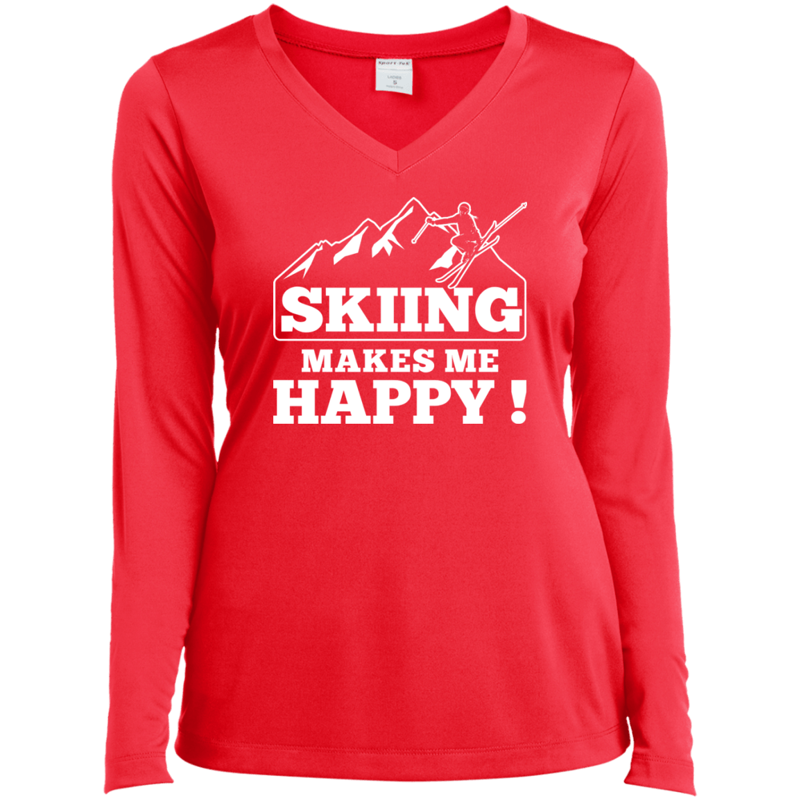 Skiing Makes Me Happy White Sport-Tek Ladies' LS Performance V-Neck T-Shirt - Powderaddicts
