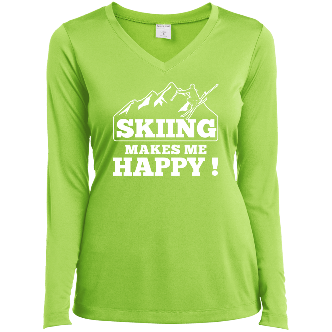 Skiing Makes Me Happy White Sport-Tek Ladies' LS Performance V-Neck T-Shirt - Powderaddicts