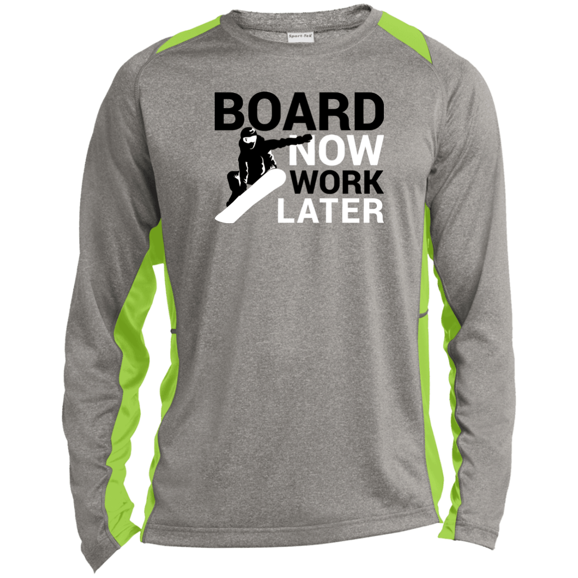 Board Now Work Later Sport-Tek LS Heather Colorblock Poly T-Shirt - Powderaddicts