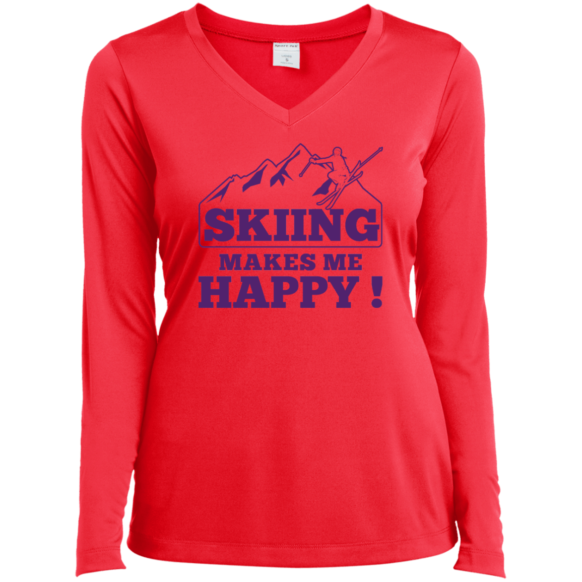 Skiing Makes Me Happy Purple Sport-Tek Ladies' LS Performance V-Neck T-Shirt - Powderaddicts