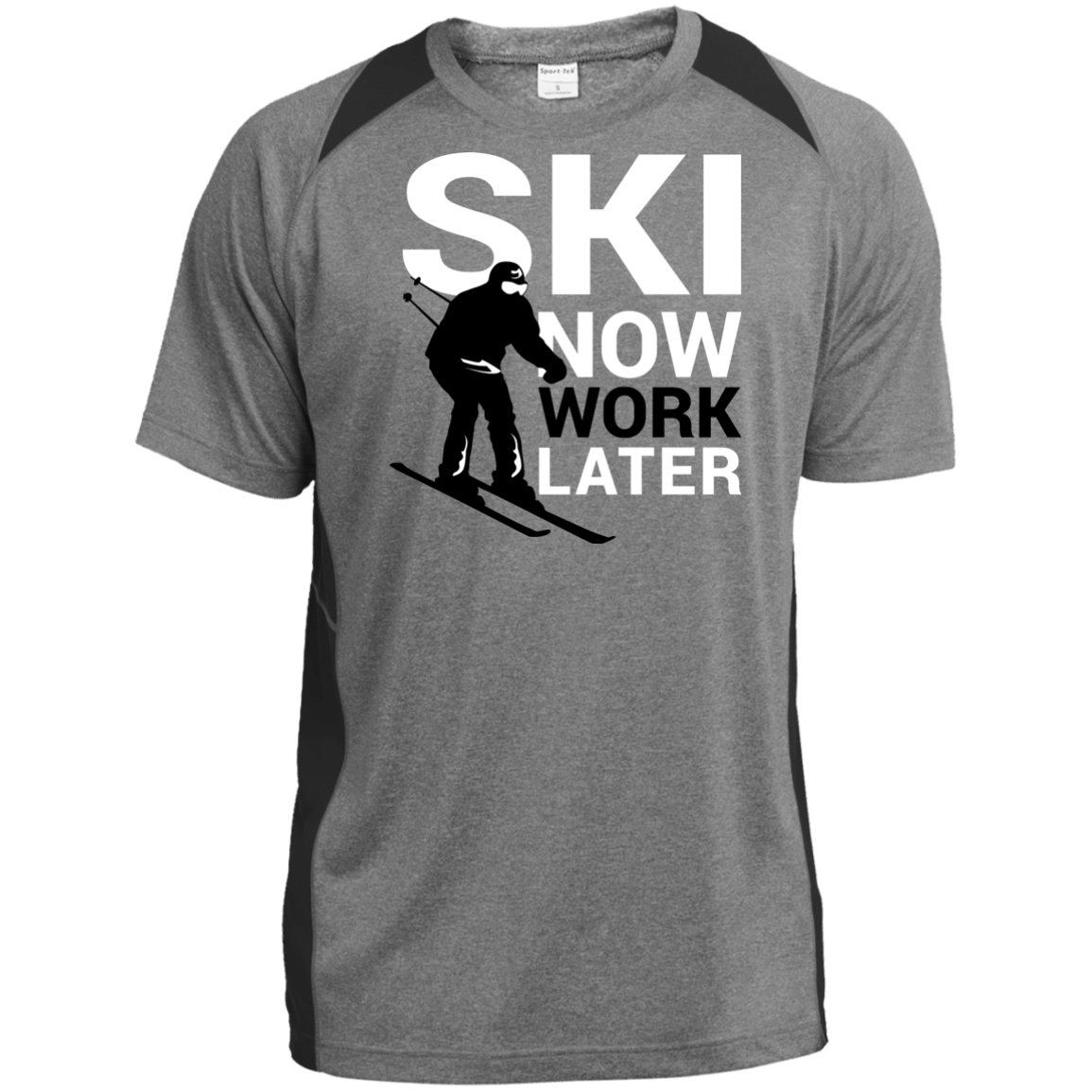 Ski Now Work Later Sport-Tek Heather Colorblock Poly T-Shirt - Powderaddicts