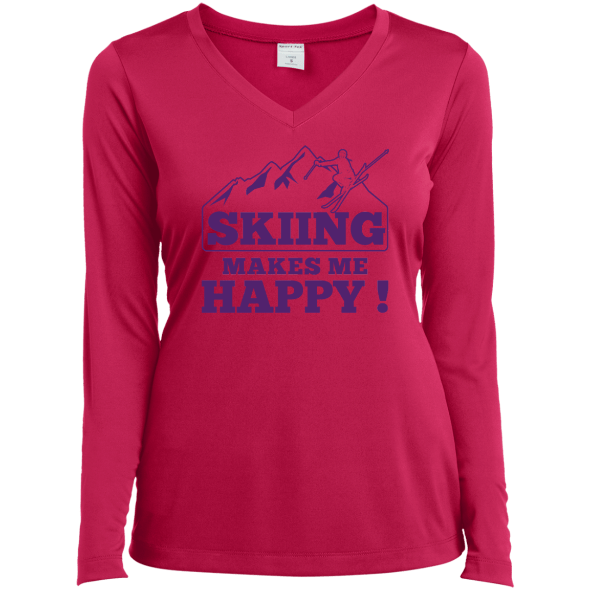 Skiing Makes Me Happy Purple Sport-Tek Ladies' LS Performance V-Neck T-Shirt - Powderaddicts