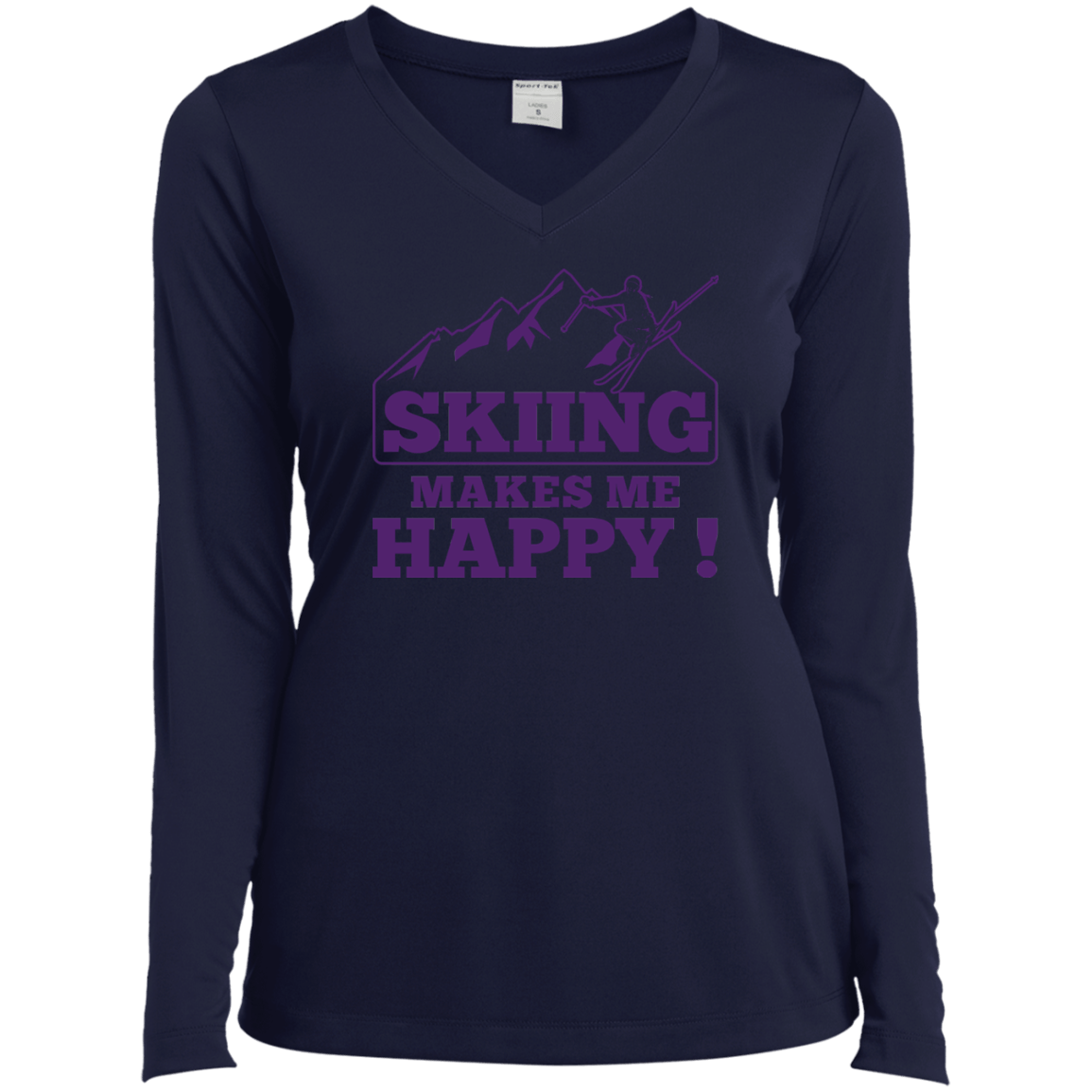Skiing Makes Me Happy Purple Sport-Tek Ladies' LS Performance V-Neck T-Shirt - Powderaddicts
