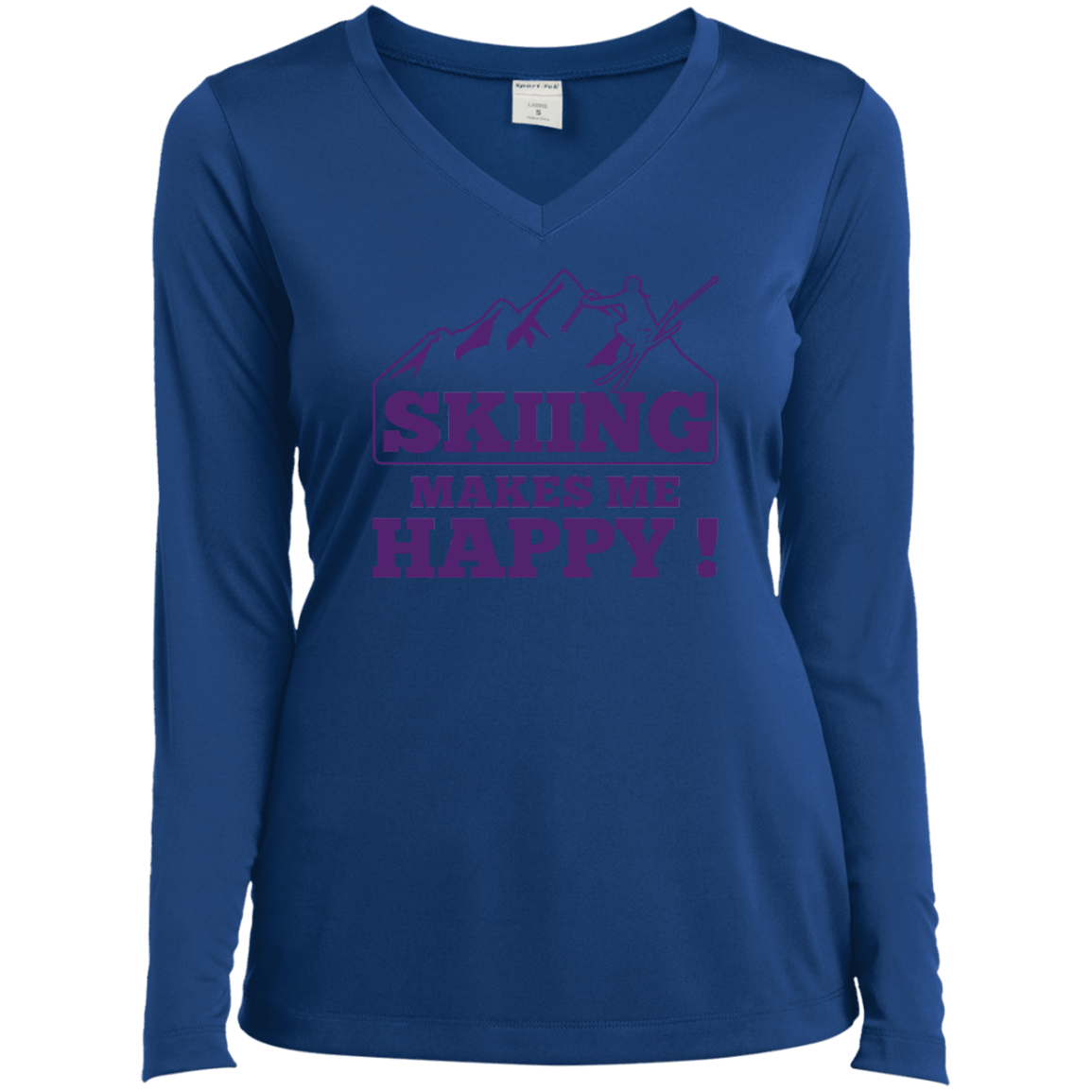 Skiing Makes Me Happy Purple Sport-Tek Ladies' LS Performance V-Neck T-Shirt - Powderaddicts
