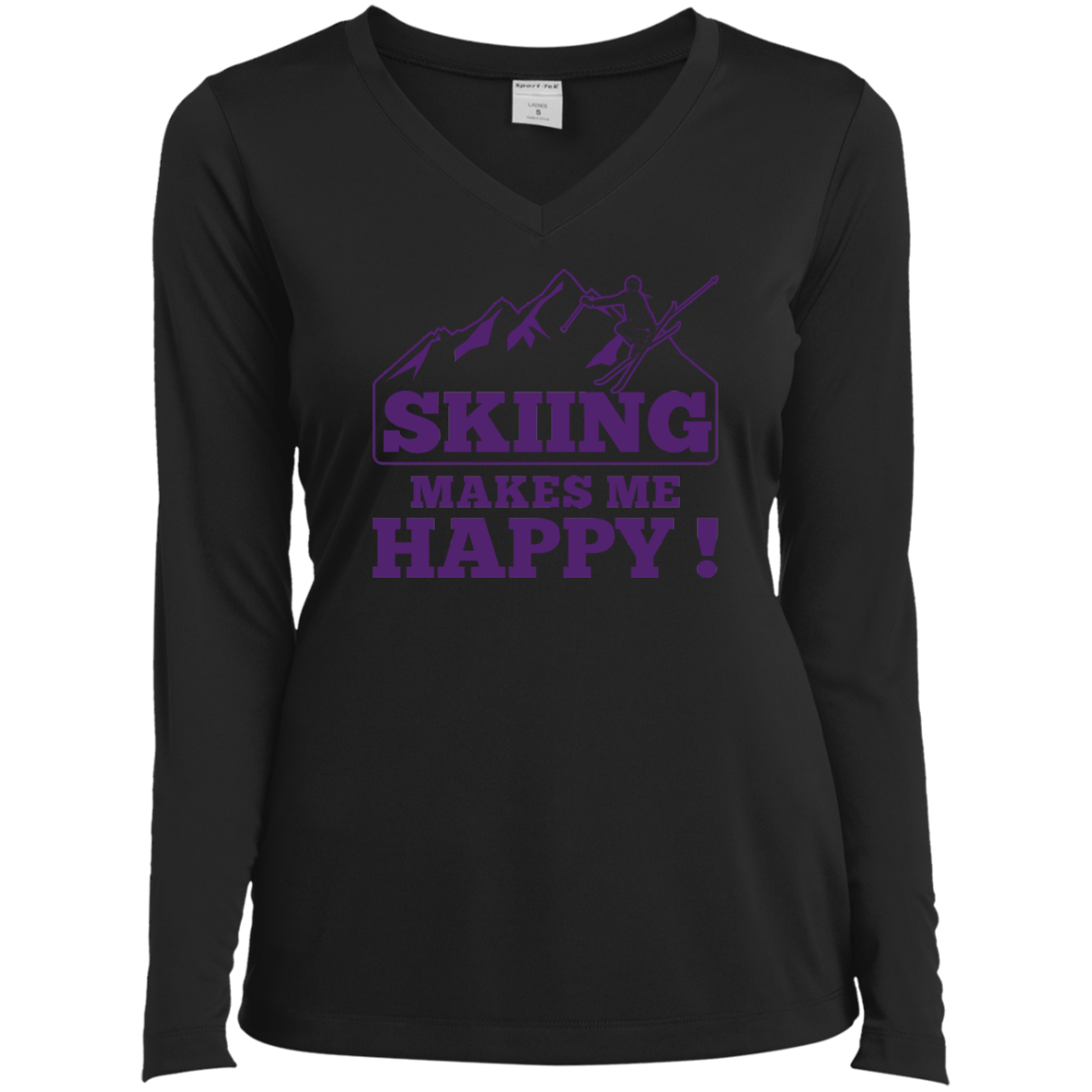 Skiing Makes Me Happy Purple Sport-Tek Ladies' LS Performance V-Neck T-Shirt - Powderaddicts